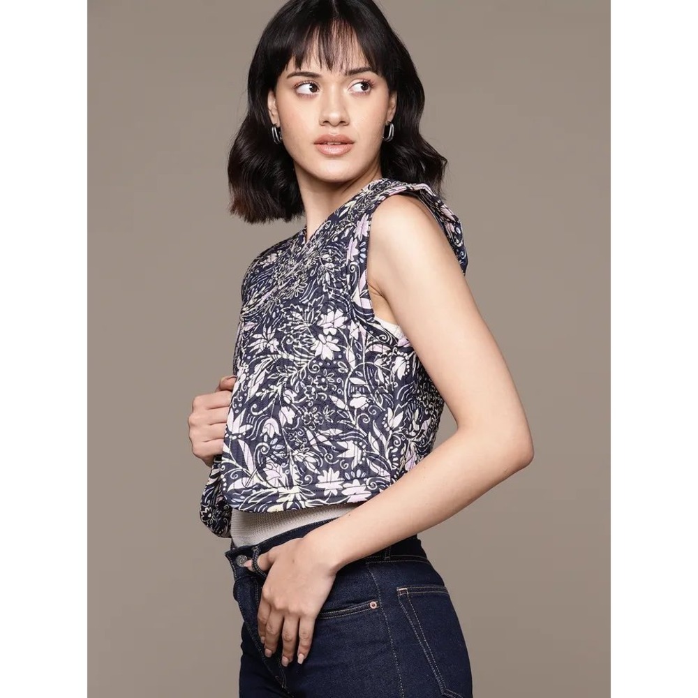 Mango MNG Quilted Gilet Vest Navy Floral Paisley Cotton Cropped Small 100 Cotton